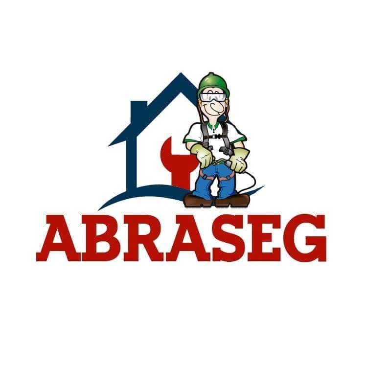 Logotipo da abraseg com um homem segurando uma chave inglesa na frente de uma casa