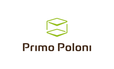 Um logotipo primo poloni com um cubo verde em um fundo branco.